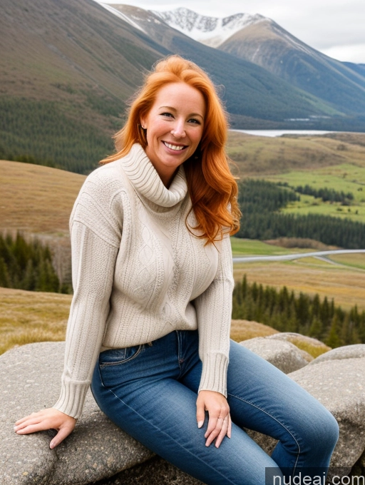 ai nude image of smiling woman sitting on a rock in front of a mountain pics of Model One Perfect Boobs 40s Happy Blonde Long Hair Irish Mountains Front View Boots Jeans Sweater