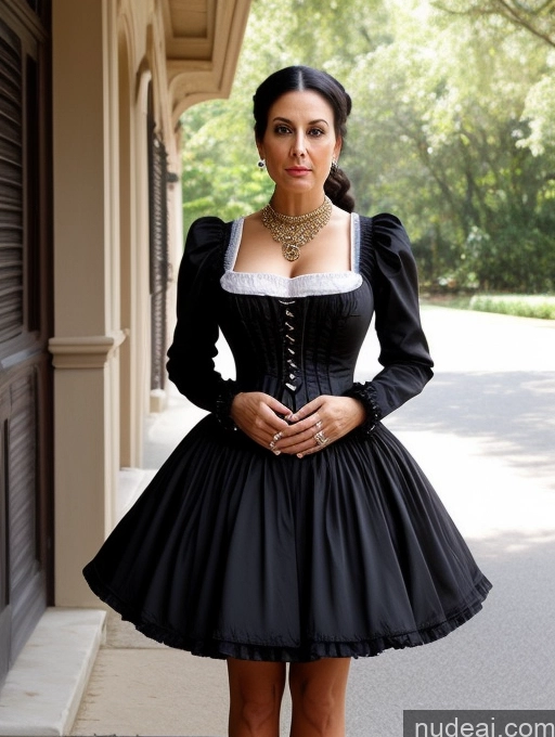 ai nude image of arafed woman in a black dress and a necklace standing on a sidewalk pics of Milf Busty Skinny Short 50s Pregnant Shocked Black Hair Ponytail Persian Dress Victorian Pearl Jewelry Harlequin Mini Skirt