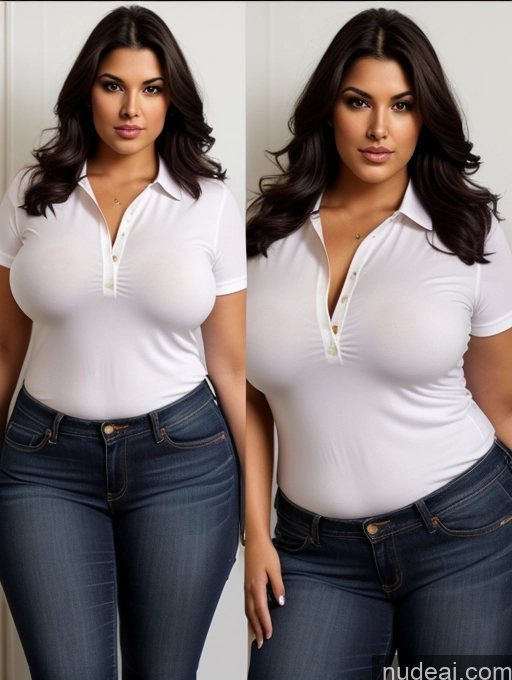 ai nude image of arafed image of a woman in a white shirt and jeans pics of Woman Perfect Boobs Beautiful Big Ass Chubby Long Legs Perfect Body 30s Seductive Sexy Face Black Hair Long Hair Indian Front View Spreading Legs Dark Lighting Polo Shirt Jeans