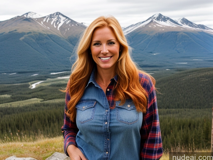 ai nude image of smiling woman in denim shirt standing in front of a mountain pics of One Perfect Boobs 40s Happy Long Hair Front View Blonde Model Irish Mountains Jeans Lumberjack