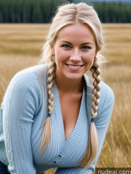 ai nude image of blonde woman with braids in a field of tall grass pics of Huge Boobs Happy Sexy Face Scandinavian Bright Lighting Detailed Meadow Jeans Western Sweater 20s Perfect Boobs Beautiful Pigtails