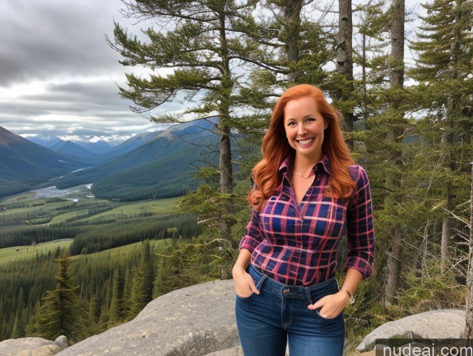 ai nude image of smiling woman standing on a rock in the mountains with a view of a valley pics of One Perfect Boobs 40s Happy Long Hair Front View Blonde Model Irish Mountains Jeans Lumberjack