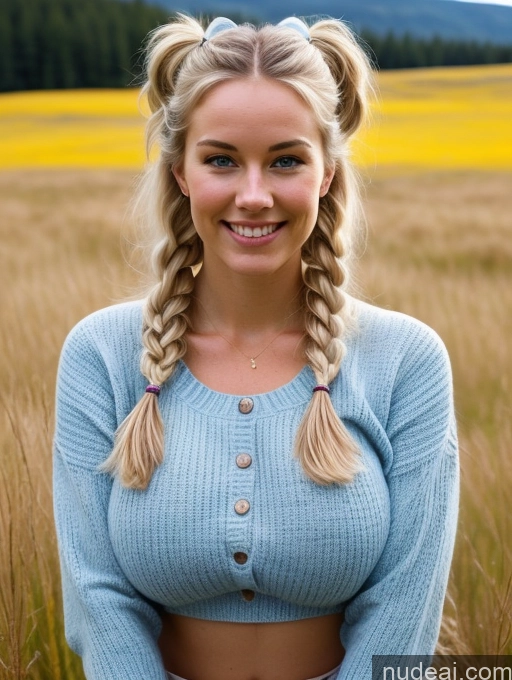 ai nude image of arafed woman with braids in a field of wheat pics of Huge Boobs Happy Sexy Face Scandinavian Bright Lighting Detailed Meadow Jeans Western Sweater 20s Perfect Boobs Beautiful Pigtails