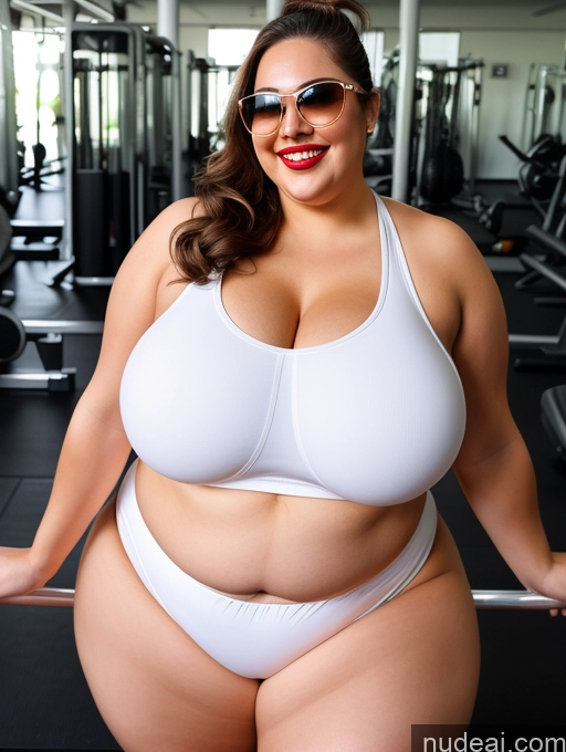 ai nude image of araffe woman in a white bikini posing for a picture in a gym pics of Woman One Busty Huge Boobs Sunglasses Lipstick Big Ass Thick Chubby Fat Big Hips 20s Happy Brunette Ponytail White Gym Front View T-pose Bikini