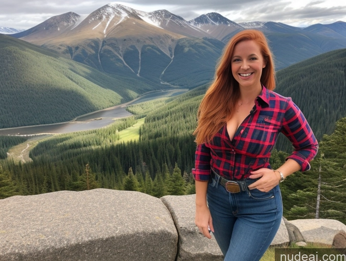 ai nude image of woman standing on a rock with a mountain view in the background pics of One Perfect Boobs 40s Happy Long Hair Front View Blonde Model Irish Mountains Jeans Lumberjack Cleavage