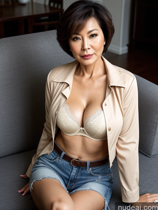 ai nude image of araffed asian woman in a tan jacket and denim shorts sitting on a couch pics of Milf Two Busty Perfect Boobs Beautiful Perfect Body Short Hair 60s Chinese Couch Blouse Bra Casual Jacket Jeans Cleavage Dark Lighting Detailed Sexy Face