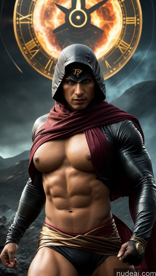 ai nude image of arafed man in a hooded cape and a hoodie with a clock in the background pics of Sari Several Powering Up Surrealist Busty Muscular Abs Bodybuilder Dynamic View Battlefield Heat Vision Superhero