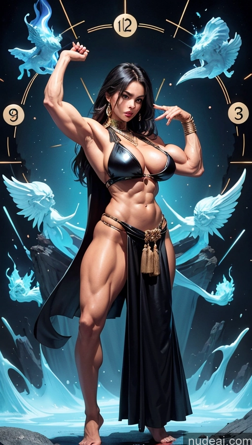 ai nude image of arafed woman in a black dress with a sword and a clock pics of Sari Several Powering Up Surrealist Busty Muscular Abs Bodybuilder Dynamic View Bdsm