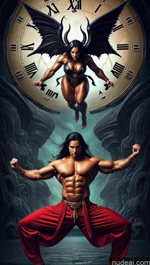 ai nude image of arafed image of a man and a woman in front of a clock pics of Sari Several Powering Up Surrealist Busty Muscular Abs Bodybuilder Dynamic View Devil Succubus