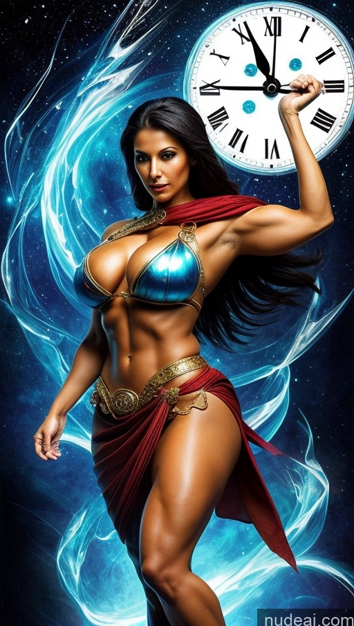 ai nude image of a close up of a woman with a clock in her hand pics of Sari Several Powering Up Surrealist Busty Muscular Abs Bodybuilder Dynamic View Fantasy Armor Knight