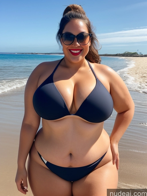 ai nude image of araffe woman in a bikini posing on the beach pics of Woman One Busty Huge Boobs Sunglasses Lipstick Big Ass Thick Chubby Fat Big Hips 20s Happy Brunette Ponytail Front View T-pose Bikini Beach White