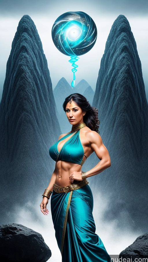 ai nude image of a woman in a blue dress standing in front of a mountain pics of Sari Several Powering Up Surrealist Busty Muscular Abs Bodybuilder Dynamic View Ninja