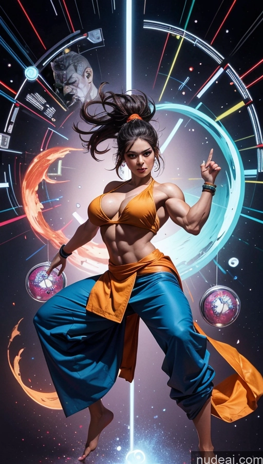 ai nude image of a woman in a yellow top and blue pants is posing for a picture pics of Sari Several Powering Up Surrealist Busty Muscular Abs Bodybuilder Dynamic View Ninja