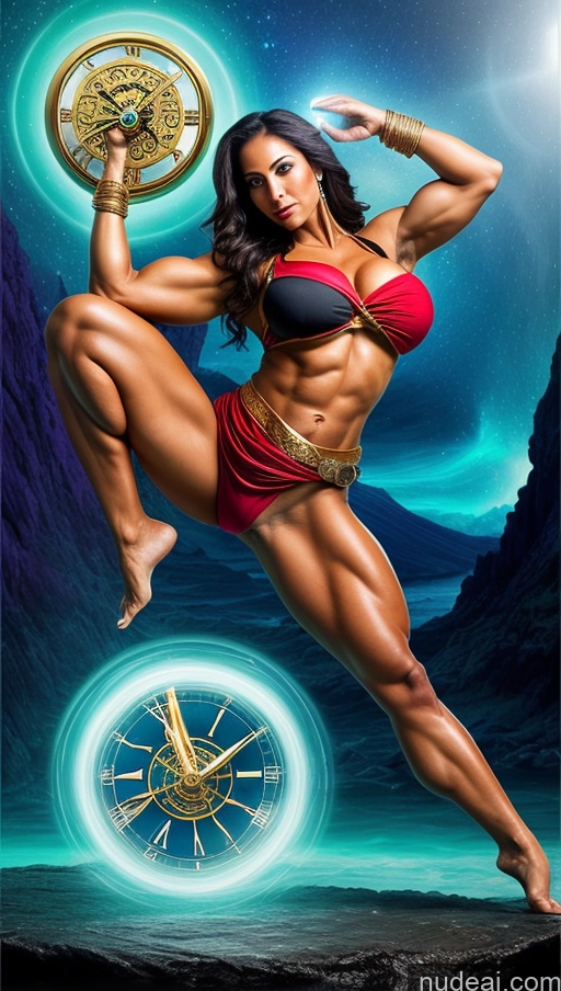 ai nude image of arafed woman in a bikini holding a clock in the air pics of Sari Several Powering Up Surrealist Busty Muscular Abs Bodybuilder Dynamic View Pirate