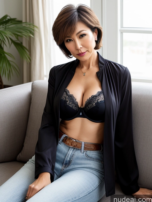 ai nude image of araffed asian woman in a black bra top and jeans sitting on a couch pics of Milf Two Busty Perfect Boobs Beautiful Perfect Body Short Hair 60s Chinese Couch Blouse Bra Casual Jacket Jeans Cleavage Dark Lighting Detailed Sexy Face