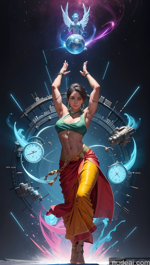 ai nude image of there is a woman that is dancing in the air with a clock pics of Sari Several Powering Up Surrealist Dynamic View Bodybuilder Busty Muscular Abs Sci-fi Armor