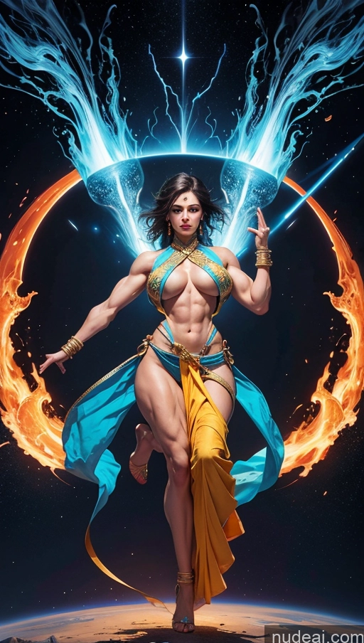 ai nude image of a woman in a blue dress is standing in front of a ring of fire pics of Sari Several Powering Up Surrealist Dynamic View Bodybuilder Busty Muscular Abs Space Suit