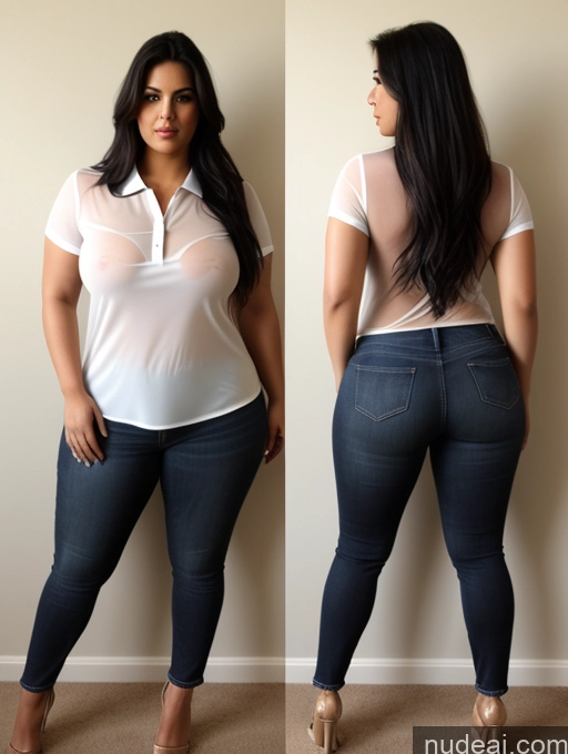 ai nude image of arafed woman in a white shirt and jeans posing for a picture pics of Woman Perfect Boobs Beautiful Big Ass Chubby Long Legs Perfect Body 30s Seductive Sexy Face Black Hair Long Hair Indian Front View Spreading Legs Dark Lighting Polo Shirt Jeans Transparent