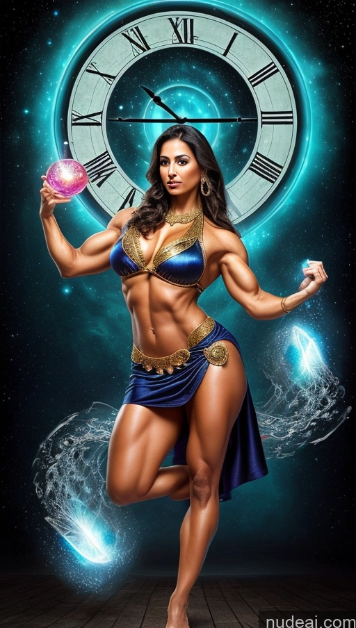 ai nude image of arafed woman in a blue bikini and a blue cape holding a crystal pics of Sari Several Powering Up Surrealist Dynamic View Busty Bodybuilder Muscular Abs Witch