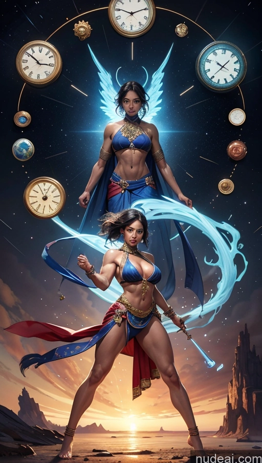 ai nude image of there are two women in a picture with clocks around them pics of Sari Several Powering Up Surrealist Dynamic View Busty Bodybuilder Muscular Abs Witch