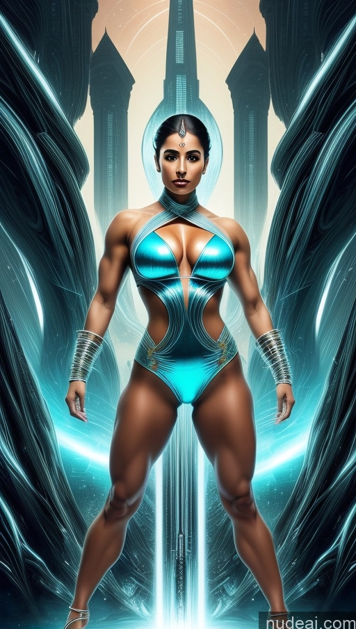 ai nude image of a woman in a blue bikini and silver shoes posing for a picture pics of Sari Several Powering Up Surrealist Dynamic View Abs Muscular Busty Bodybuilder Futuristic