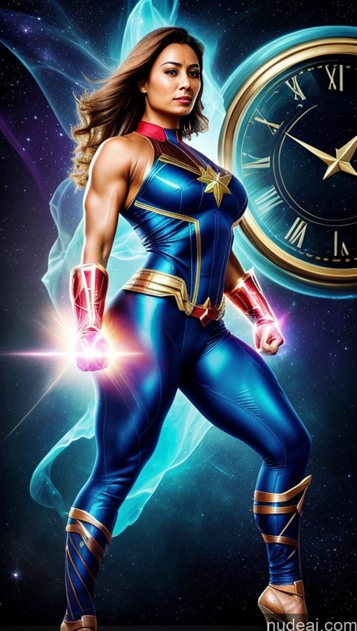 ai nude image of a woman in a blue costume standing in front of a clock pics of Sari Powering Up Surrealist Dynamic View Several Bodybuilder Busty Muscular Abs Captain Marvel