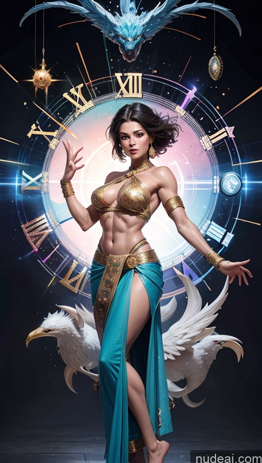 ai nude image of arafed woman in a blue dress with a clock and a bird pics of Sari Powering Up Surrealist Dynamic View Several Bodybuilder Busty Muscular Abs Regal