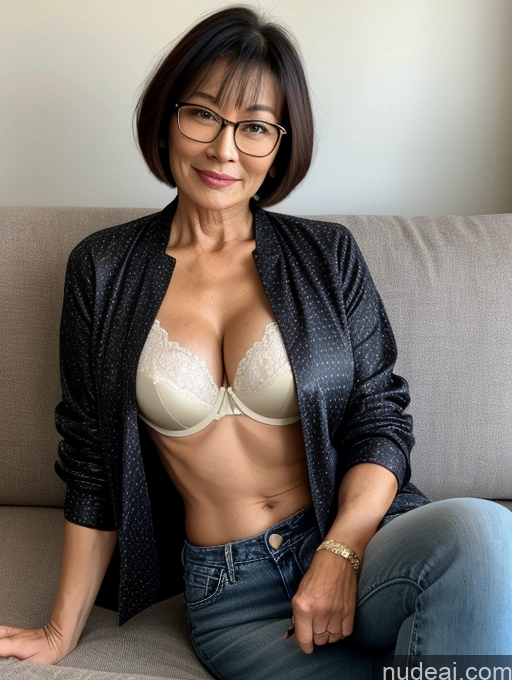 related ai porn images free for Milf Perfect Boobs Perfect Body Beautiful Glasses 60s Sexy Face Short Hair Japanese Couch Blouse Bra Casual Jacket Jeans Cleavage Dark Lighting Detailed