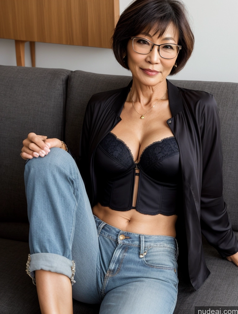 ai nude image of there is a woman sitting on a couch with her legs crossed pics of Milf Perfect Boobs Perfect Body Beautiful Glasses 60s Sexy Face Short Hair Japanese Couch Blouse Bra Casual Jacket Jeans Cleavage Dark Lighting Detailed