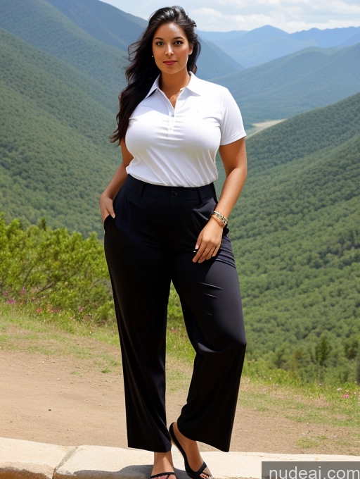 ai nude image of arafed woman in a white shirt and black pants posing for a picture pics of Woman One Perfect Boobs Big Ass Chubby Long Legs Perfect Body 30s Seductive Sexy Face Black Hair Ponytail Indian Mountains Front View Polo Shirt Harem Pants