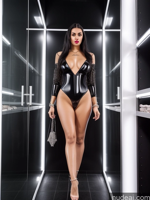 ai nude image of araffe in a black wetsuit standing in a room with a mirror pics of Cyborg Lipstick 18 Black Hair Slicked Changing Room Nude Bdsm Latex Pearl Jewelry Transparent Diamond Jewelry Partially Nude