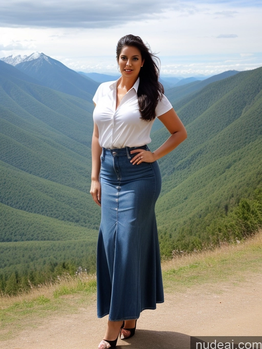 ai nude image of arafed woman standing on a dirt road in front of a mountain pics of Woman One Perfect Boobs Big Ass Chubby Long Legs Perfect Body 30s Seductive Sexy Face Black Hair Ponytail Indian Mountains Front View Shirt Cleavage Jeans Long Skirt