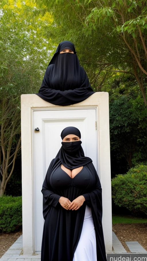 ai nude image of two women in black dresses standing in front of a door pics of Huge Boobs Busty Skinny Big Hips Shocked Black Hair Detailed Turkish Front View Milf Long Legs 70s Simple Niqab Two