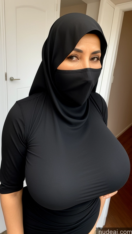 ai nude image of arafed woman in a black top and a black hijab pics of Huge Boobs Busty Skinny Big Hips Shocked Black Hair Detailed Turkish Front View Milf Long Legs 70s Simple Niqab Two