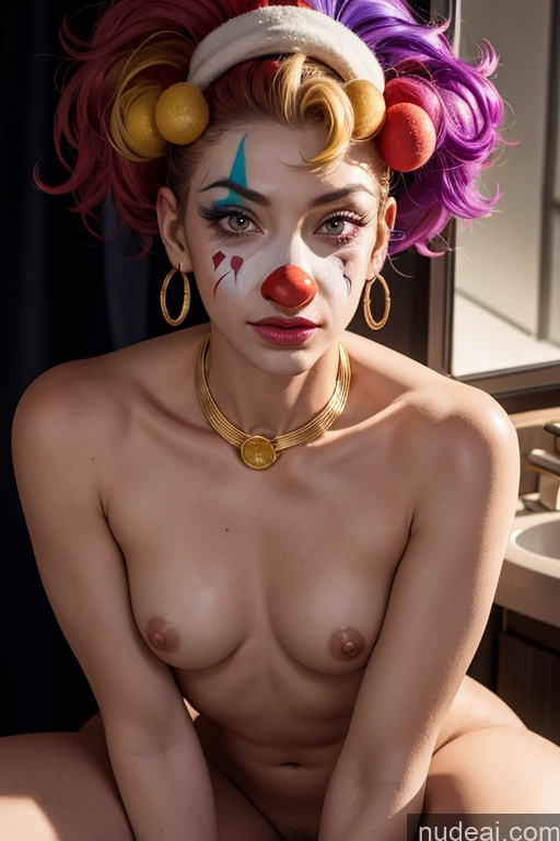 ai nude image of arafed woman with clown makeup and colorful hair sitting on a counter pics of Athlete Pubic Hair 20s Sexy Face Film Photo Front View Gold Jewelry Bathroom Bending Over Dark Lighting Clown Nude