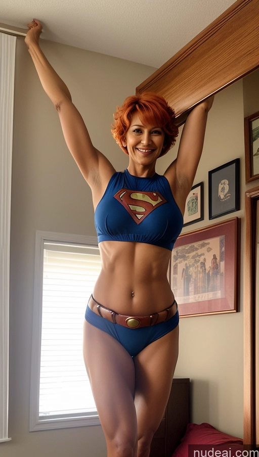 ai nude image of arafed woman in a blue bikini and a superman costume pics of Milf Busty Beautiful Big Ass Big Hips Tall Dark Skin 50s Sexy Face Happy Pixie Indian Front View T-pose Detailed Abs Bedroom Ginger Perfect Boobs Muscular Perfect Body Superhero