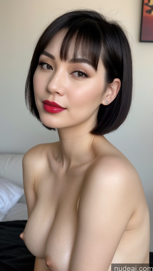 ai nude image of arafed asian woman with a red lipstick posing naked on a bed pics of Woman One Beautiful Lipstick Fairer Skin 30s Black Hair Vietnamese Close-up View Simple Detailed Busty Perfect Boobs Thick Short Hair