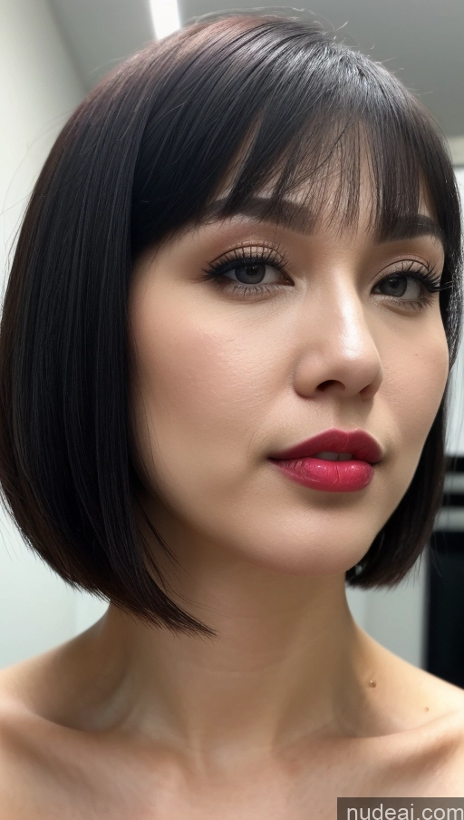 ai nude image of a close up of a woman with a short haircut and a red lipstick pics of Woman One Beautiful Lipstick Fairer Skin 30s Black Hair Vietnamese Close-up View Simple Detailed Short Hair Huge Boobs Jumpsuit