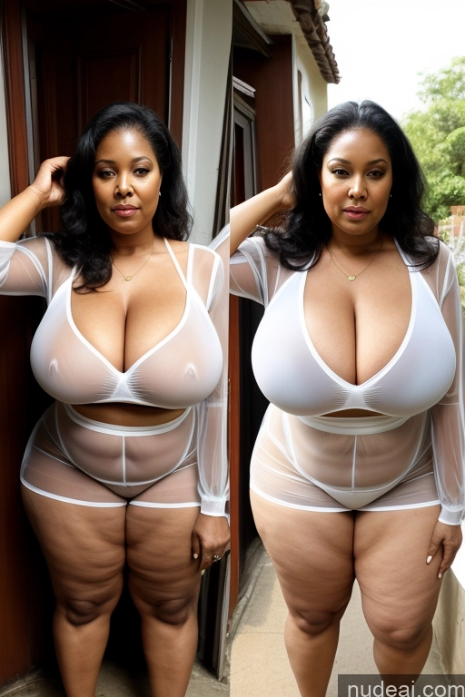 ai nude image of there is a woman in a sheered bodysuit posing for a picture pics of Milf Busty Huge Boobs Big Ass Skinny Thick Chubby Fat Big Hips Long Legs 80s Sexy Face Black Hair Long Hair Front View Transparent Simple Blouse Nigerian