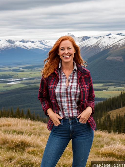 ai nude image of smiling woman in plaid shirt and jeans standing on grassy hill pics of Model One Perfect Boobs 40s Happy Blonde Irish Mountains Front View Jeans Long Hair Lumberjack Jacket