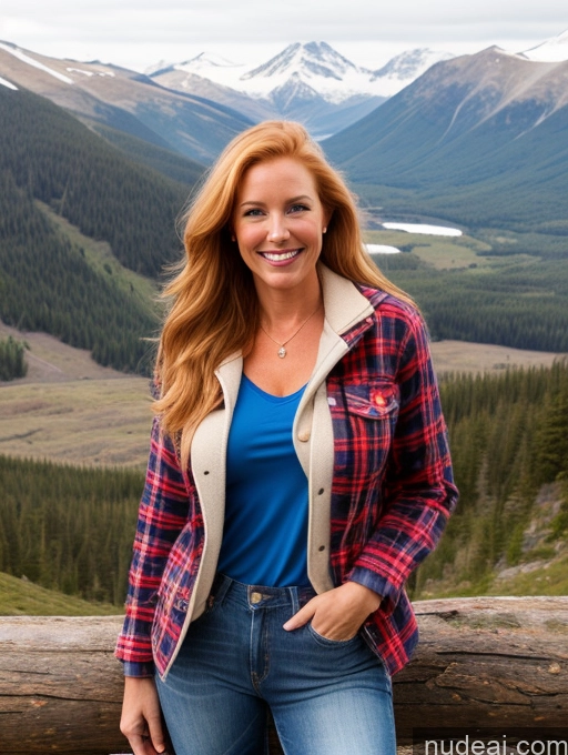 ai nude image of smiling woman standing on a log in front of a mountain pics of Model One Perfect Boobs 40s Happy Blonde Irish Mountains Front View Jeans Long Hair Lumberjack Jacket Cleavage