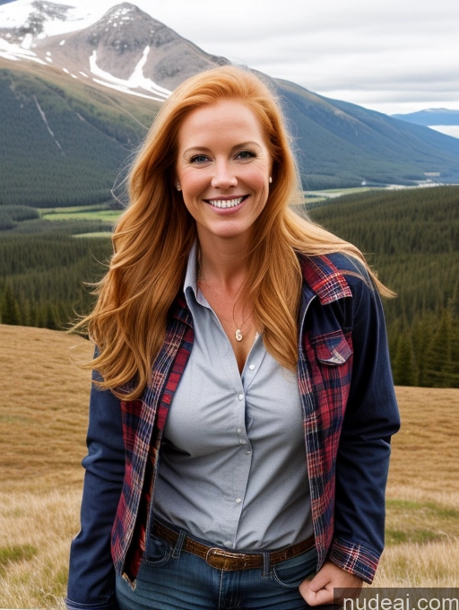 ai nude image of smiling woman in a plaid shirt and jeans standing in a field pics of Model One Perfect Boobs 40s Happy Blonde Irish Mountains Front View Jeans Long Hair Lumberjack Jacket Cleavage