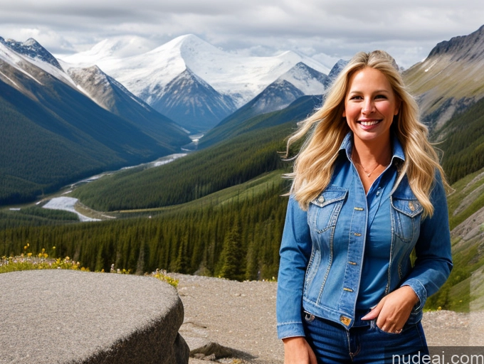 ai nude image of blond woman in denim jacket standing on a rock overlooking a valley pics of Model One Perfect Boobs 40s Happy Mountains Front View Jeans Long Hair Jacket Blouse Blonde Swedish