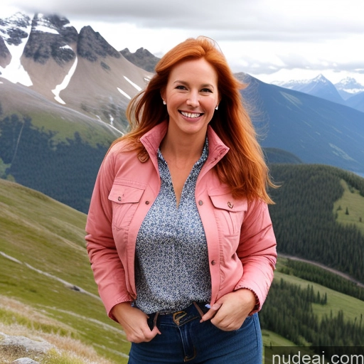 ai nude image of smiling woman in pink jacket standing on a mountain with a view of mountains pics of Model One Perfect Boobs 40s Happy Mountains Front View Jeans Long Hair Jacket Blouse Swedish Ginger