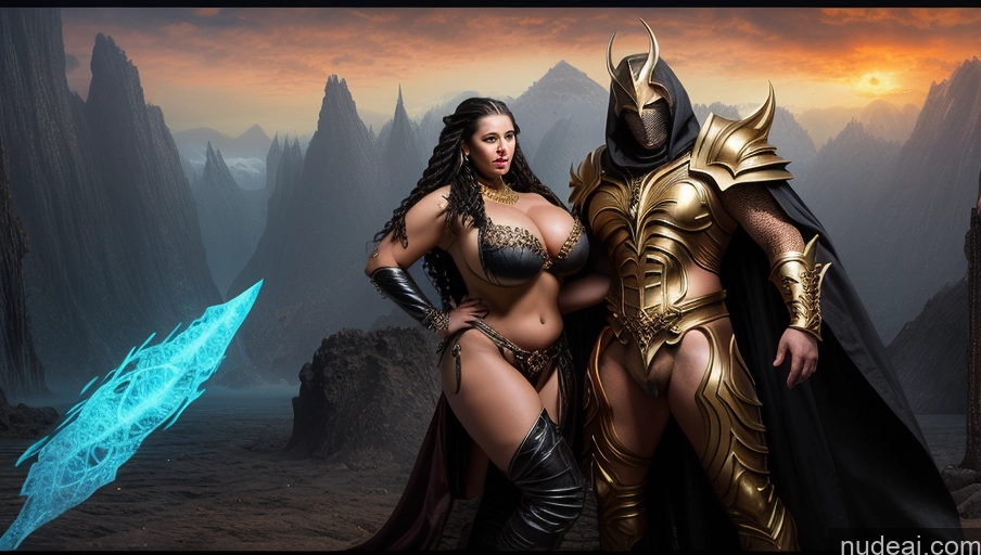 ai nude image of there is a woman and a man dressed in costumes posing for a picture pics of Woman + Man Busty Huge Boobs Muscular Big Ass Abs Chubby Fat Big Hips Long Legs Tanned Skin 20s Seductive Black Hair Braided Russian Nude Fantasy Armor Gold Jewelry Detailed Sexy Face Death Knight Hell Surrealist