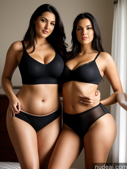 ai nude image of two women in black underwear standing next to each other on a bed pics of Woman + Man Several Perfect Boobs Beautiful Chubby Big Ass Long Legs Perfect Body Sexy Face Seductive Black Hair Long Hair Bedroom Front View Spreading Legs Dark Lighting Crop Top