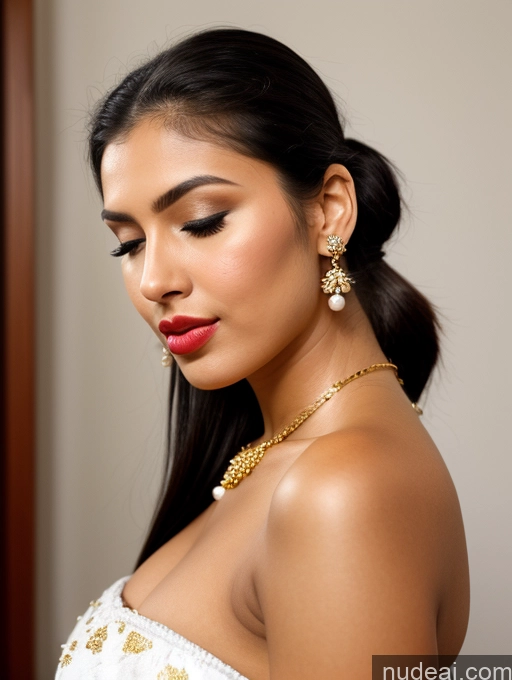 ai nude image of there is a woman with a necklace and earrings on her neck pics of Woman Beautiful Lipstick Orgasm Black Hair Indian Bedroom Traditional Gold Jewelry Jewelry Bright Lighting Sexy Face 18 Pouting Lips Ponytail Close-up View Diamond Jewelry Pearl Jewelry