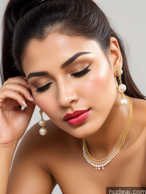 ai nude image of araffe woman with a necklace and earrings posing for a picture pics of Woman Beautiful Lipstick Oiled Body 18 Orgasm Pouting Lips Black Hair Ponytail Indian Traditional Diamond Jewelry Gold Jewelry Jewelry Pearl Jewelry Bright Lighting Sexy Face 3d Wedding