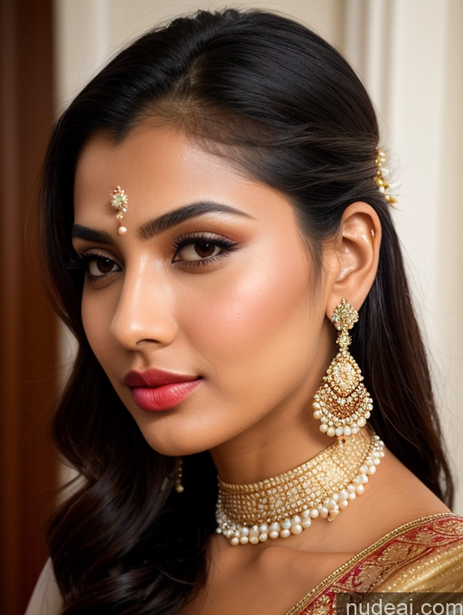 ai nude image of a close up of a woman wearing a gold necklace and earrings pics of Woman Beautiful Lipstick Oiled Body 18 Pouting Lips Black Hair Ponytail Indian 3d Traditional Wedding Diamond Jewelry Gold Jewelry Jewelry Pearl Jewelry Bright Lighting Sexy Face Sari Angel