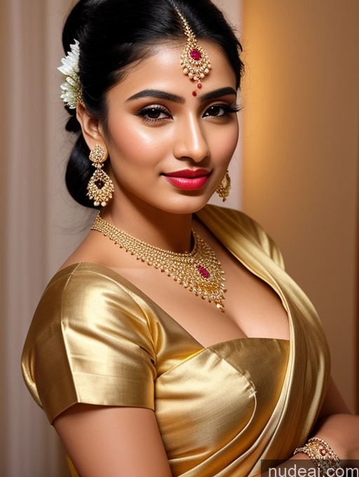 ai nude image of araffe woman in a gold sari with a flower in her hair pics of Woman Beautiful Lipstick Oiled Body 18 Pouting Lips Black Hair Ponytail Indian 3d Traditional Wedding Diamond Jewelry Gold Jewelry Jewelry Pearl Jewelry Bright Lighting Sexy Face Sari Angel